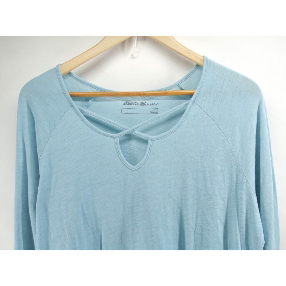 2 Eddie‎ Bauer Modal Tunic Top Crisscross Front 3/4 Sleeve Cotton Black Blue XL - Picture 11 of 13